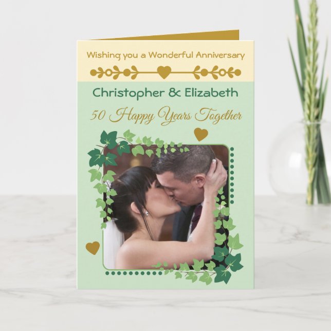 Cartão ouro 50º Aniversário, foto verde dourado (Frente)