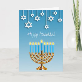 Cartão Ouro azul e Menorah branco Hanukkah feliz