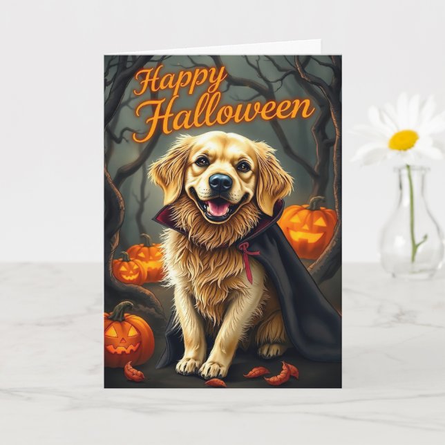 Cartão Ouro Retriever Puppy com Pumpkins Halloween (Planta pequena)