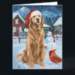 Cartão Ouro Retriever Winter Wonderland Natal Joy<br><div class="desc">Este design festivo captura o espírito alegre da época de férias, apresentando um adorável filhote vestindo um chapéu de Papai Noel. O cachorro está aninhado numa terra maravilhosa de inverno, completo com um boneco de neve, uma árvore de Natal decorada, e presentes lindamente envoltos. Os flocos de neve caem suavemente,...</div>