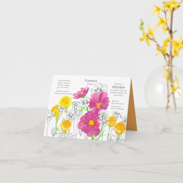 Cartão Outubro Aniversário Cosmos Marigold Mês de Nascime (Flor Amarela)