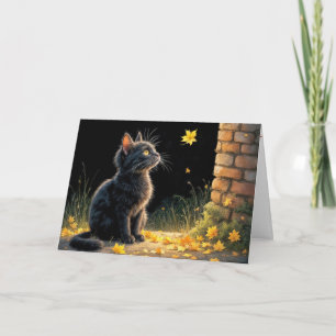 Cartão Outubro Aniversário Kitten Assistindo a Folha de o