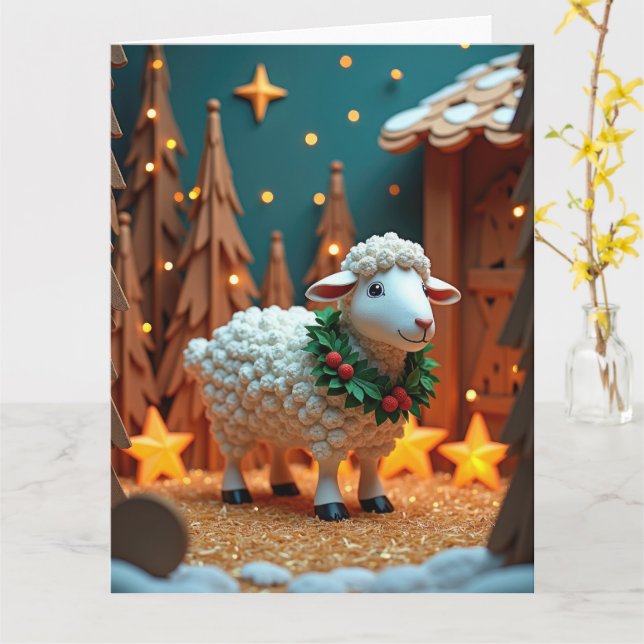 Cartão Ovelha Fofa com Grinalda em Cena de Natal Nevado (Flor Amarela)