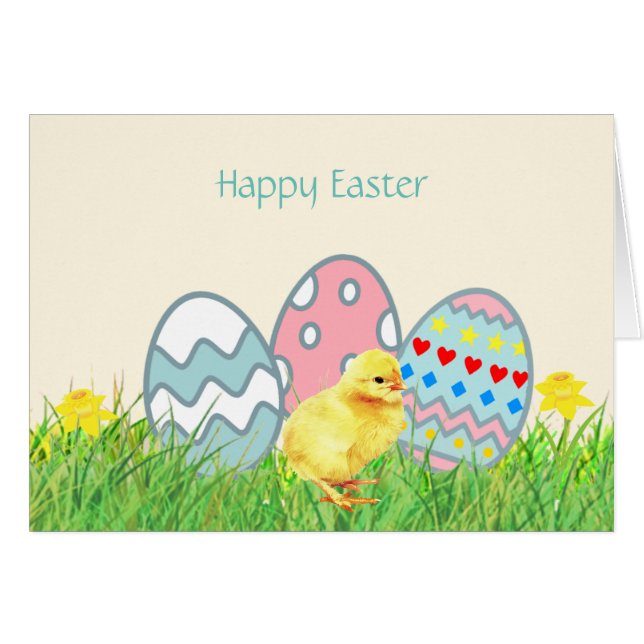 Cartão Ovos de Páscoa pintados e Pintinho de Cuta (Frente Horizontal)