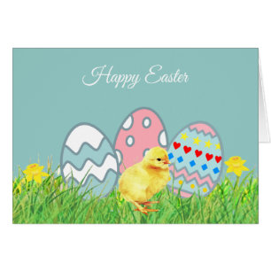 Cartão Ovos de Páscoa pintados e Pintinho de Cuta