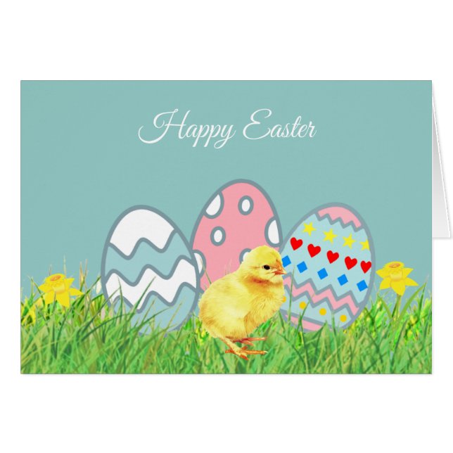 Cartão Ovos de Páscoa pintados e Pintinho de Cuta (Frente Horizontal)