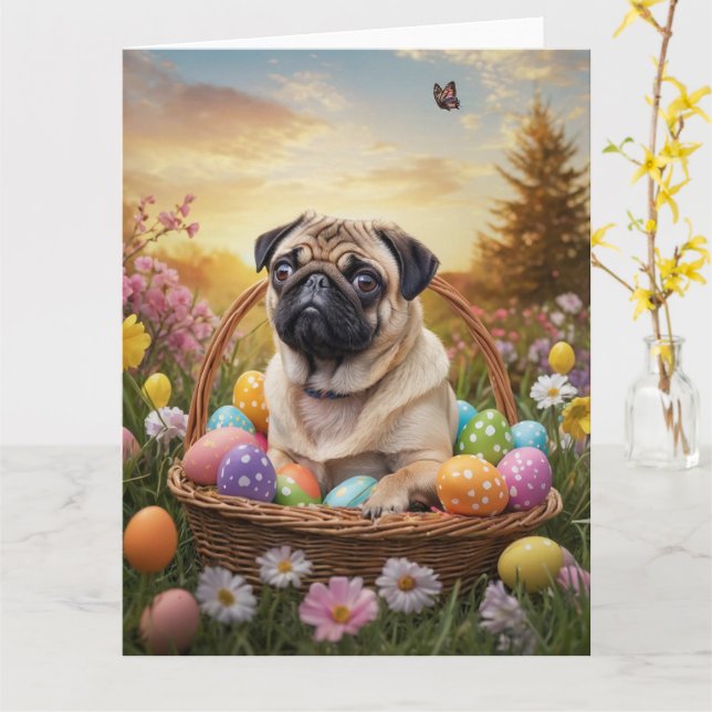 Cartão Ovos de Páscoa Pug (Flor Amarela)