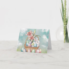 Cartão Ovos em Aquarela e Pastel Lily com Coelho na Cesta