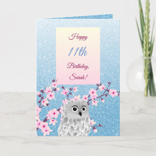 Cartão Owl Cherry Blossoms Feliz Aniversário Azul Glitte