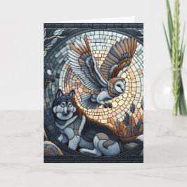 Cartão Owl e Wolf Mosaic Ai Art | Feliz Aniversário