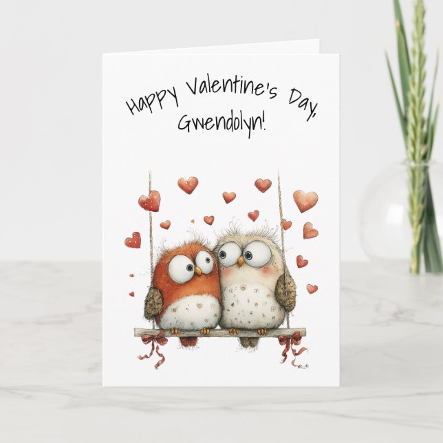 Cartão Owl Sweethearts Whimsical Happy Valentine's Day (Frente)