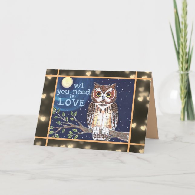 Cartão Owl Valentine Amor Azul Sepia Lua Personalizado Ún (Frente)