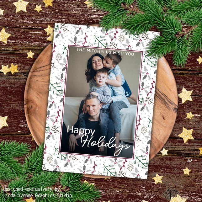 Cartão Padrão Agulha Verde-Escuro de Berries Vermelhos Ho (Criador carregado)