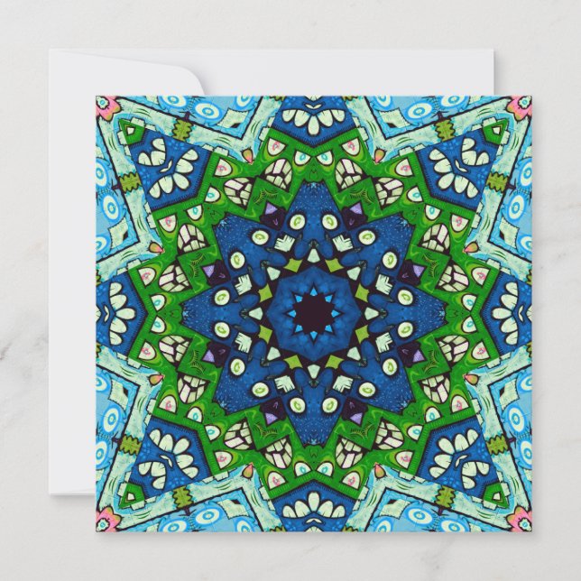 Cartão Padrão Azul Verde-Mosaico Mandala Retro (Frente)