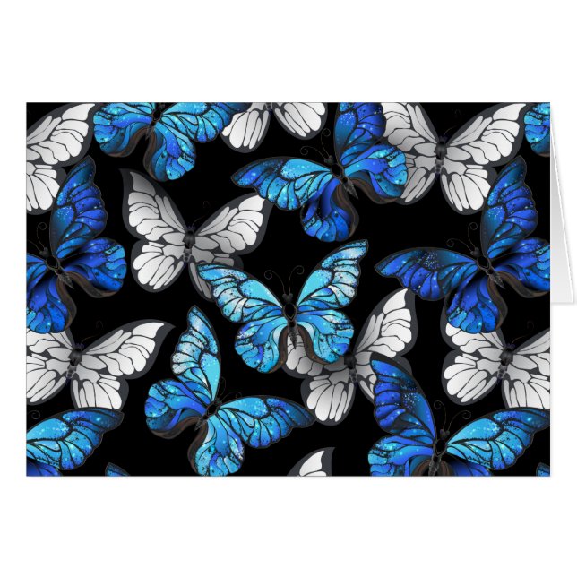 Cartão Padrão contínuo escuro com borboletas azuis Morpho (Frente horizontal)