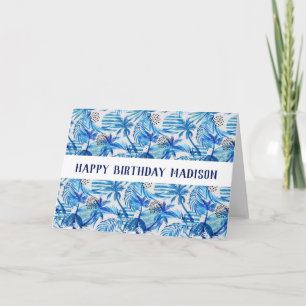 Cartão Padrão de Aquarela Tropical Azul Brilhante