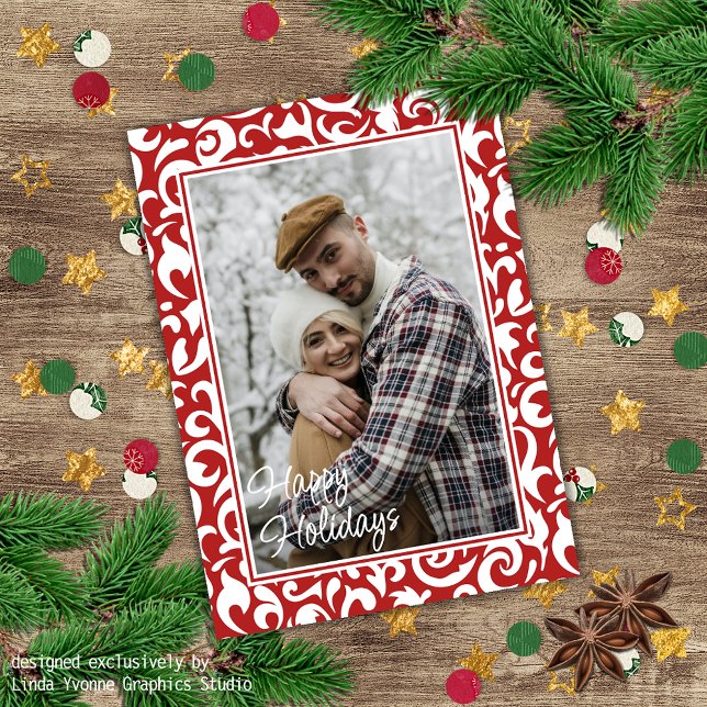 Cartão Padrão de Arte Floral do Damasco Vermelho Branco E (Criador carregado)