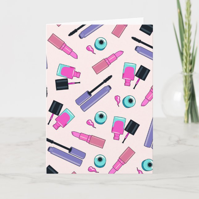 Cartão Padrão de cosméticos rosa e roxo (Frente)
