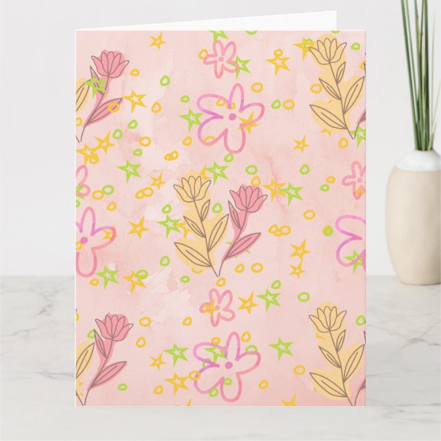 Cartão Padrão de Doodle Floral Mínimo – padrão Rosa Paste (Frente)
