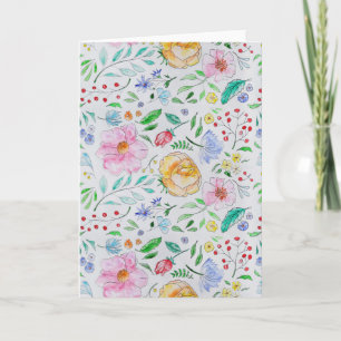 Cartão Padrão de Flores e Botões de Aquarela Leve e Bonit