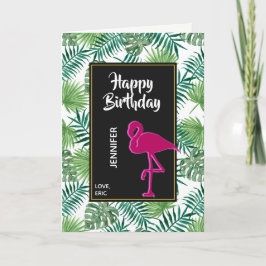 Cartão Padrão de Folhas Tropicais e Aniversário Flamingo