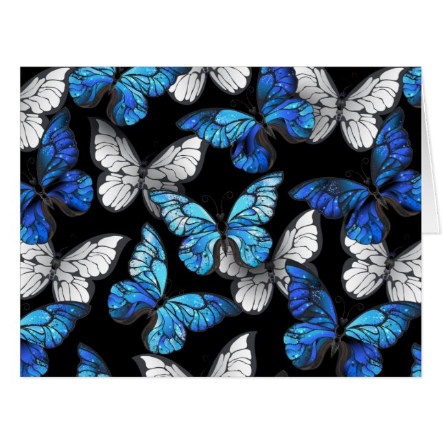 Cartão Padrão Escuro Sem Costura com Borboletas Azuis Mor (Frente horizontal)