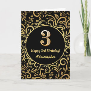 Cartão Padrão Floral aniversário de 3 anos preto e Dourad