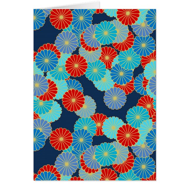 Cartão Padrão floral Art Deco - azul, turquesa e vermelho (Frente)