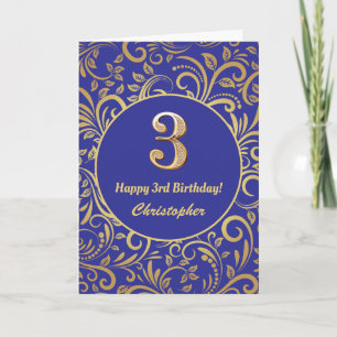 Cartão Padrão Floral Azul e Dourado do Marinho aniversári