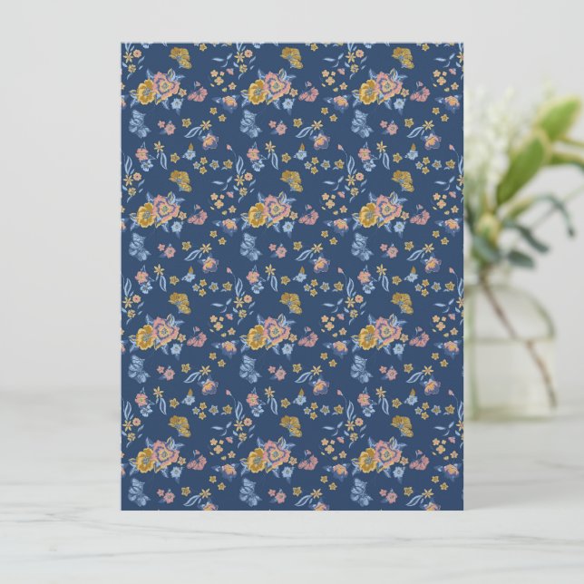 Cartão Padrão Floral de Efeito do Thread de Fundo Azul (Em pé/Frente)