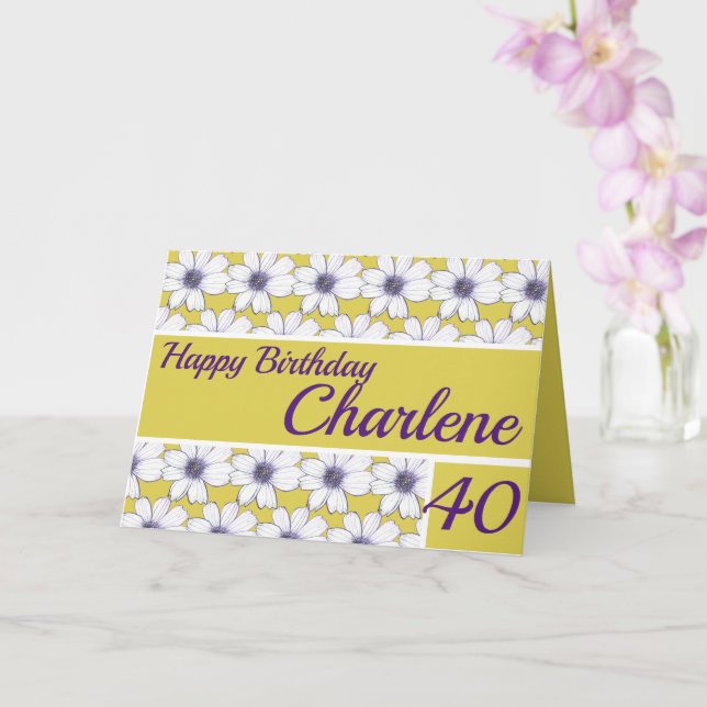 Cartão Padrão floral design mostarda/Aniversário roxo (Orquídea)