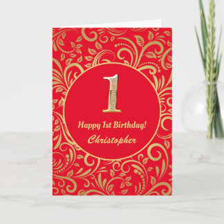 Cartão Padrão Floral primeiro aniversario Vermelho e Dour
