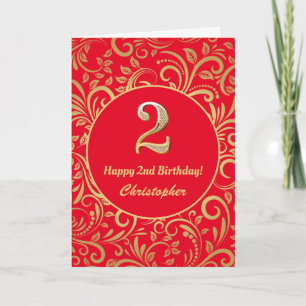Cartão Padrão Floral segundo aniversário Vermelho e Doura