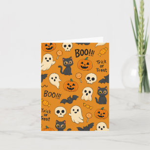 Cartão Padrão Fofo de Halloween com Fantasmas, Abóboras, 