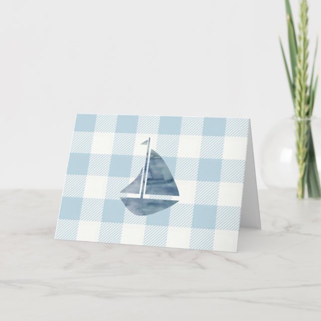 Cartão Padrão Náutico de Gingham Azul de veleiro (Frente)