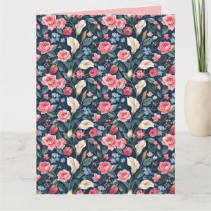 Cartão Padrão Romântico de Jardim Floral Azul Marinho