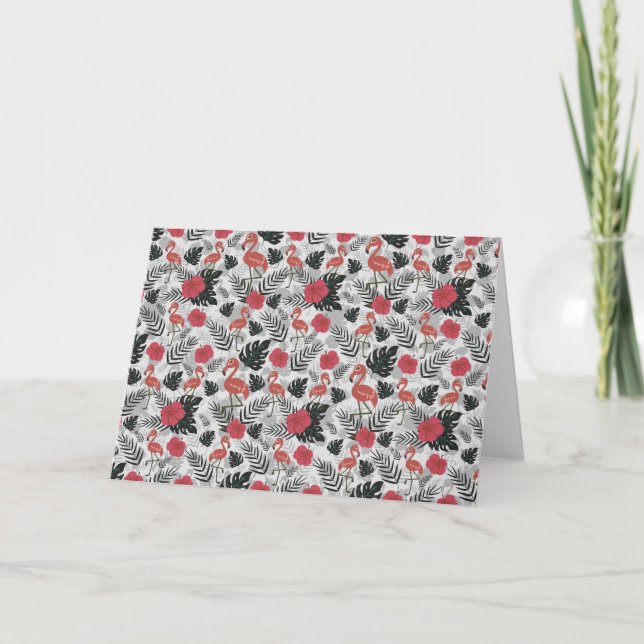 Cartão Padrão uniforme Flamingo com fundo floral (Frente)
