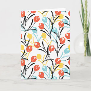 Cartão Padrão Vibrante de Tulipas em Design Floral Branco