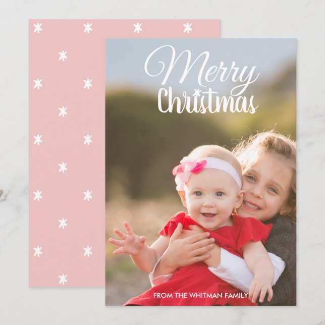 Cartão Padrões Rosa de Foto de Natal Voltados (Frente/Verso)