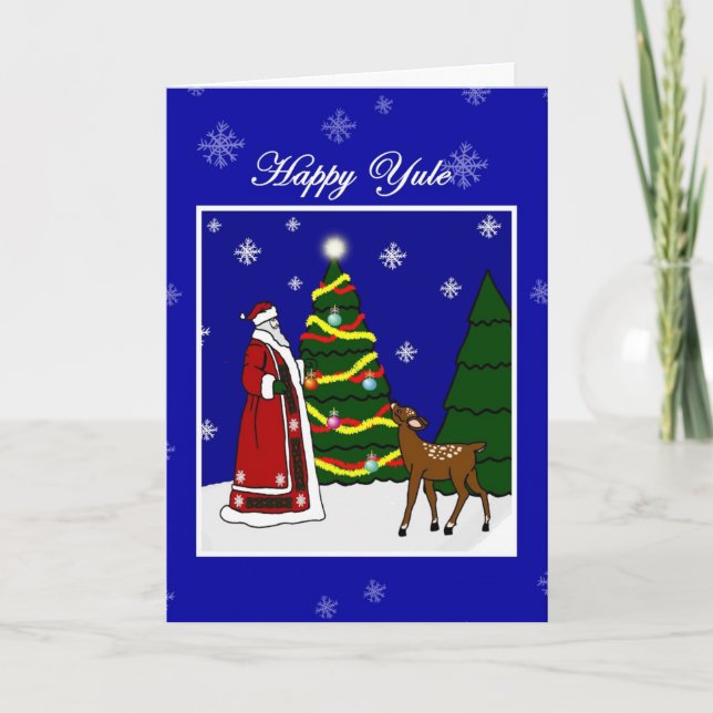 Cartão Pagan Winter Solstice Yule Santa, Tree and Deer (Frente)