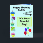 Cartão Pai Aniversário Cupcake Azul Torre Kids Trabalho d<br><div class="desc">Feliz PAI de aniversário é escrito em tipografia vermelha e preta contra fundo azul-turquesa claro com balões coloridos. Baunilha jovem e cupcakes decorados com chocolate. É o seu dia especial escrito contra o retângulo geométrico verde-claro e amarelo. Dentro à esquerda tem desejos de aniversário para PAI em tipografia azul e...</div>