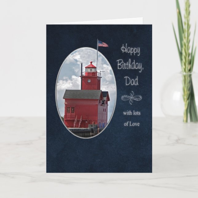 Cartão Pai Birthday Michigan Red Lighthouse (Frente)
