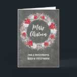 Cartão Pai Chalkboard e Stepman Feliz Natal<br><div class="desc">Feliz Natal para o pai e a madrasta com o padrão rústico do quadro-negro do país e a neve com poinsettias.</div>