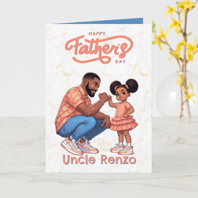 Cartão Pai Negro e Filha Choque de Punhos Laranja e Azul (Flor Amarela)