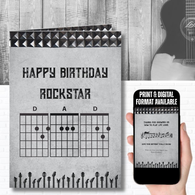 Cartão Pai Rockstar da Cinza Negra Moderna Feliz Aniversá (Unique Black/Gray guitar chord birthday card for the musician or heavy metal fan)