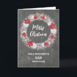 Cartão Pai Russo Chalkboard Feliz Natal<br><div class="desc">Feliz Natal para um cartão de pai com um padrão rústico de prato de chalkboard e coroa de neve com poinsetos.</div>