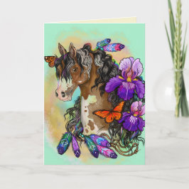 Cartão Paint Horse Mustang com Íris e borboletas