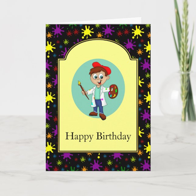 Cartão Paint Splatters E Um Rapaz Artista (Frente)