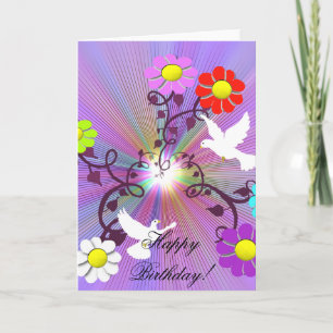 Cartão Painted Daisys and Doves Birthday Card