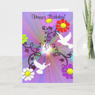 Cartão Painted Daisys and Doves Birthday Card